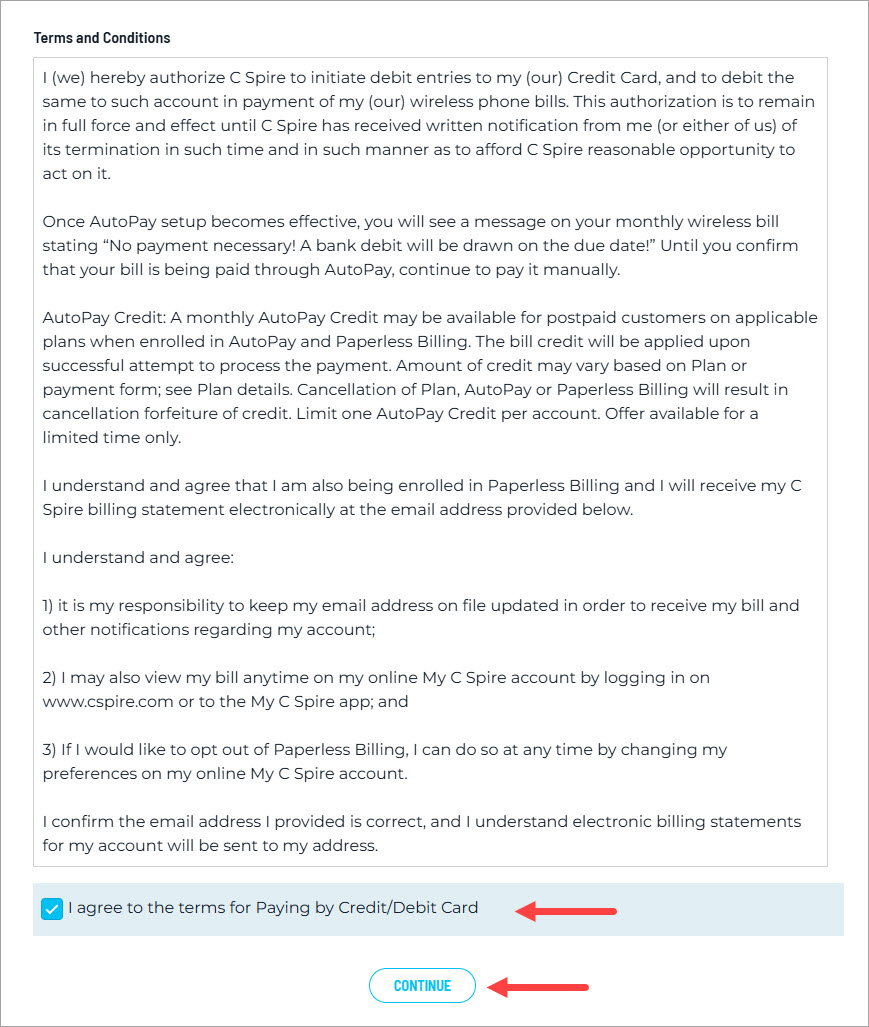 Review the terms, click the checkbox agreeing to them, and then click Continue.