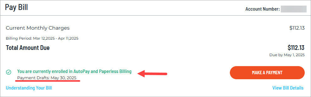 Back on the account dashboard, the Pay Bill screen displays the date your payment will be drafted.